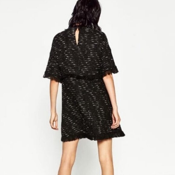 Zara Black Tweed Fringe Short Sleeve Mini Dress XS - Picture 3 of 9